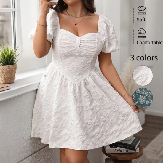 French Square Neck Dress Casual A-Line Dress in Sea Blue