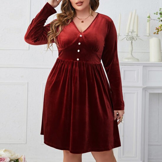 Deep Red V-Neck High-Waist Long Sleeve Midi Dress