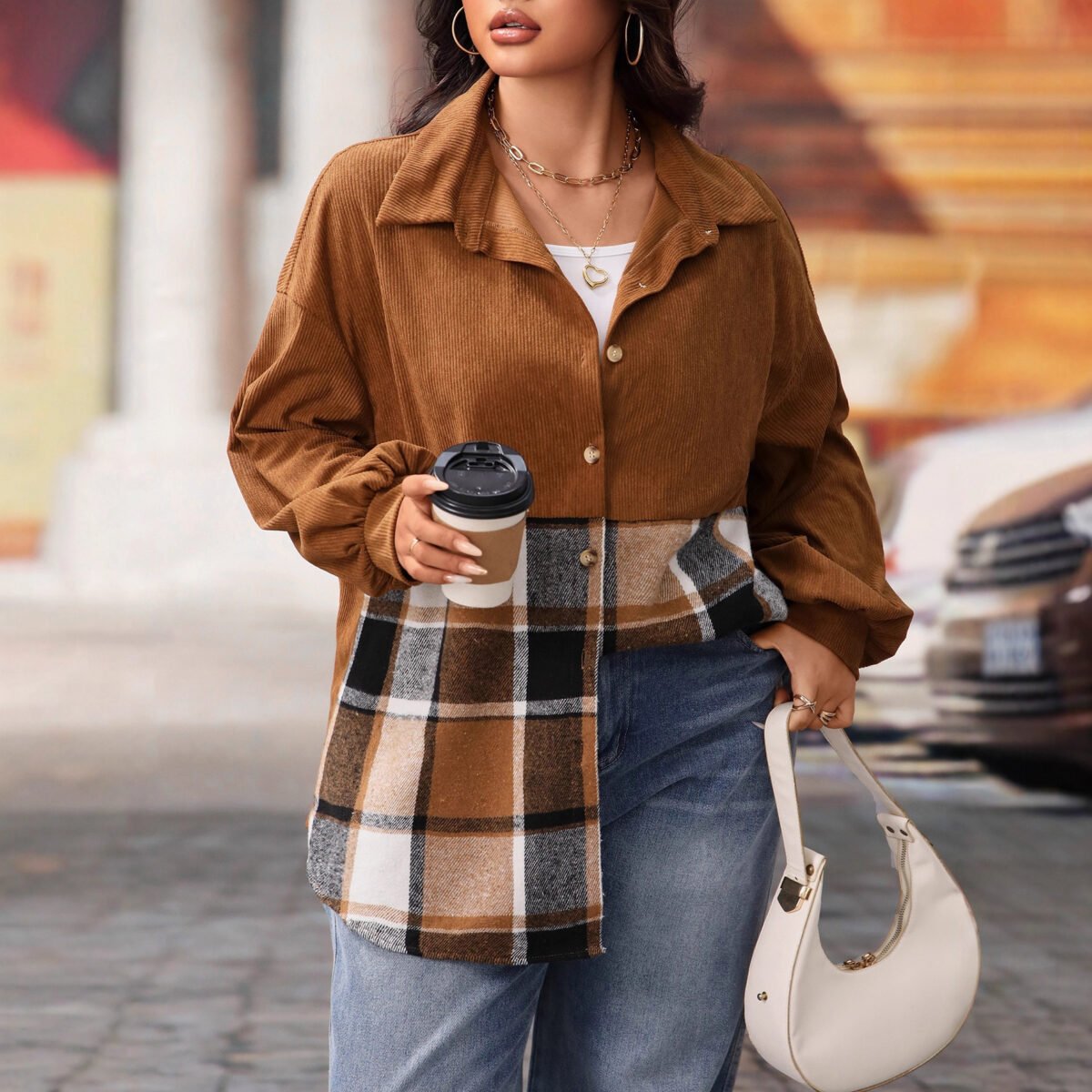 Plus Size Long Sleeve Plaid Jacket Comfortable Casual Outerwear