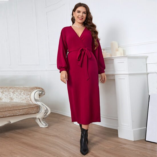 Burgundy Long Sleeve V-Neck Midi Dress