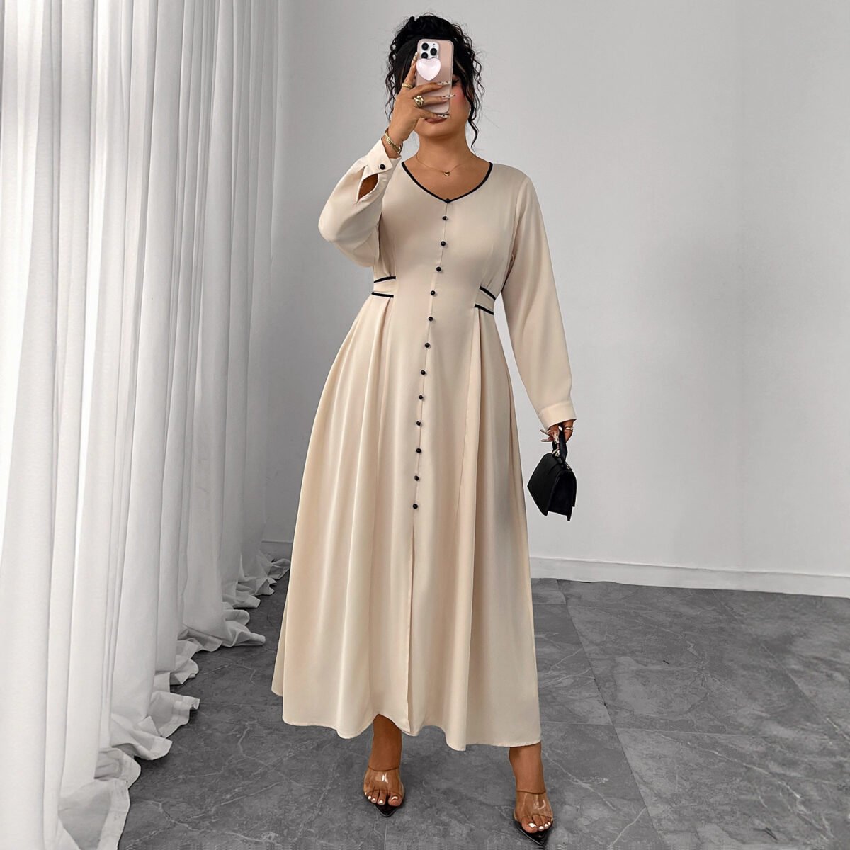 Plus Size Waist-Defining Long Sleeve Dress