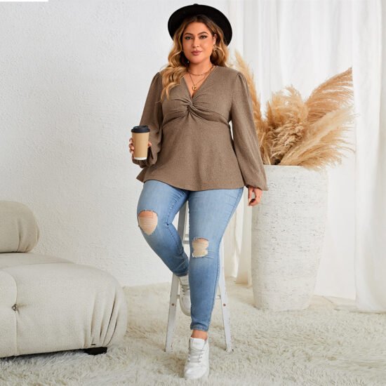 Casual V-Neck Long Sleeve Top for Plus Size Women