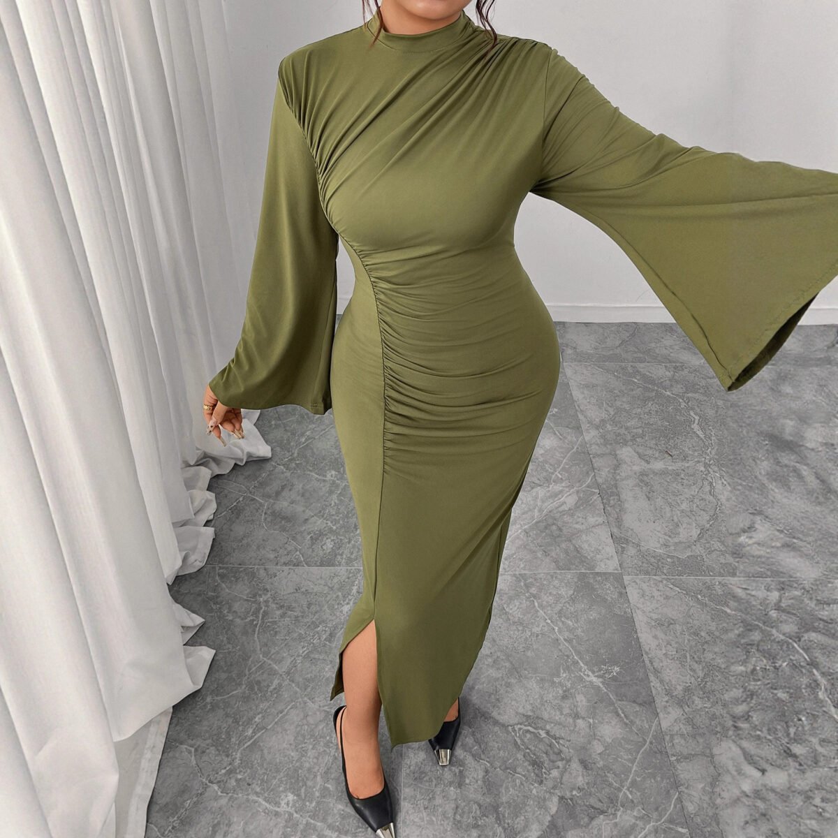 High Waist Solid Color Bodycon Dress With Ruffle Sleeves